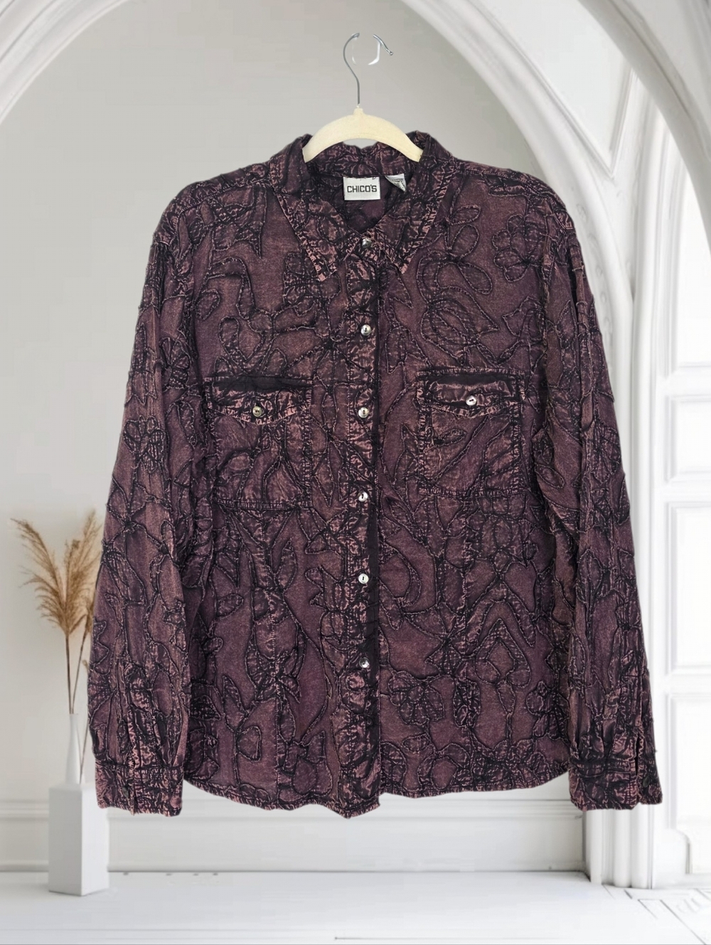Chico's Vintage Dark Plum Embroidered Long Sleeve Button-Down Shirt‎ Size XL
